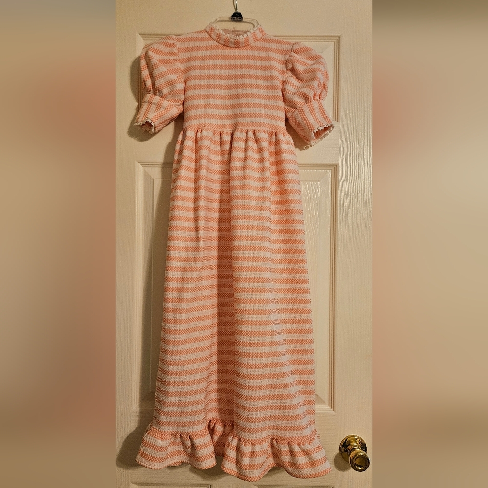 Vintage Girls handmade coral/peach & white 70s dress sz 7/8